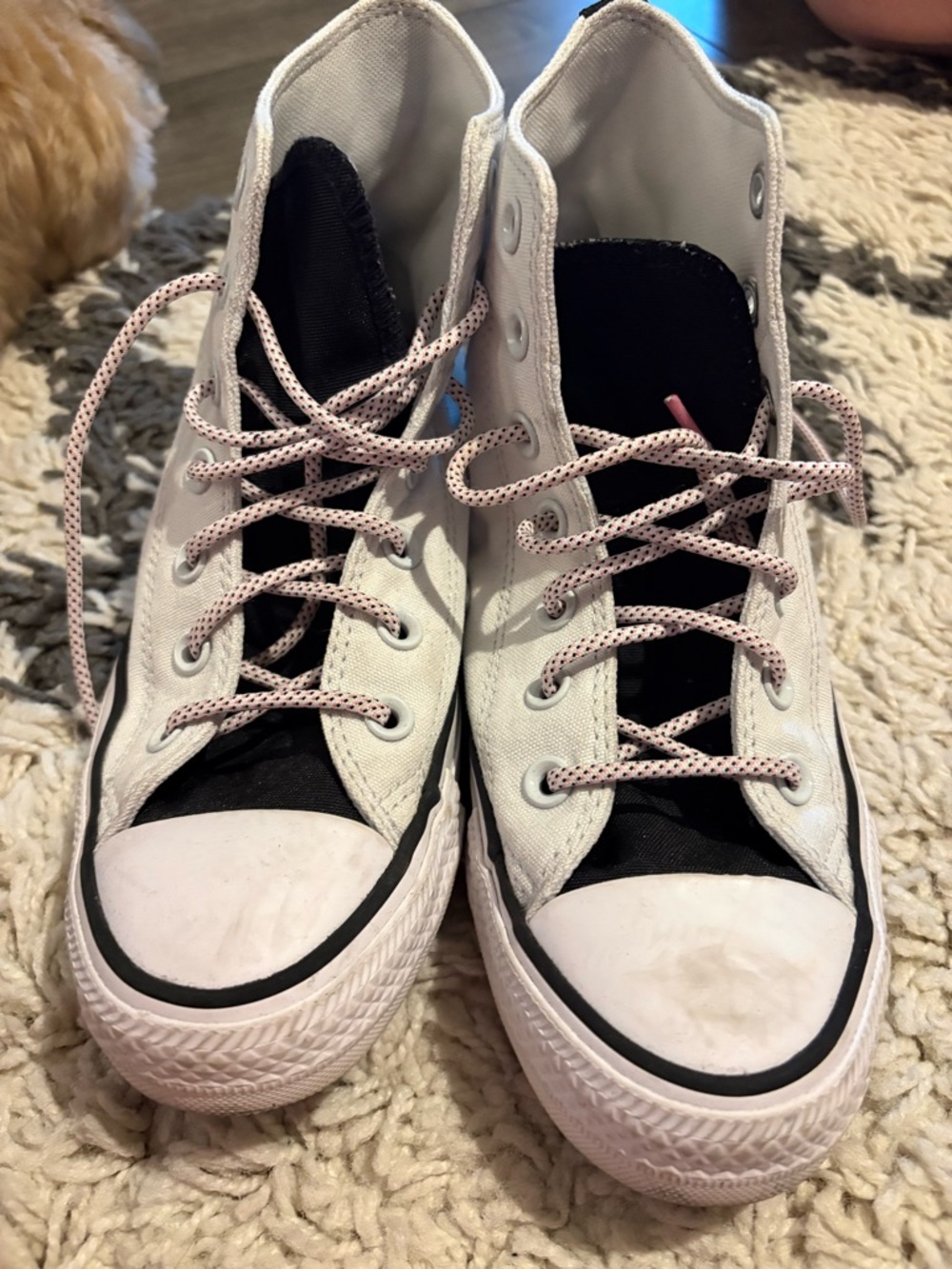 Converse High-Top Sneakers in White, Black and Pink